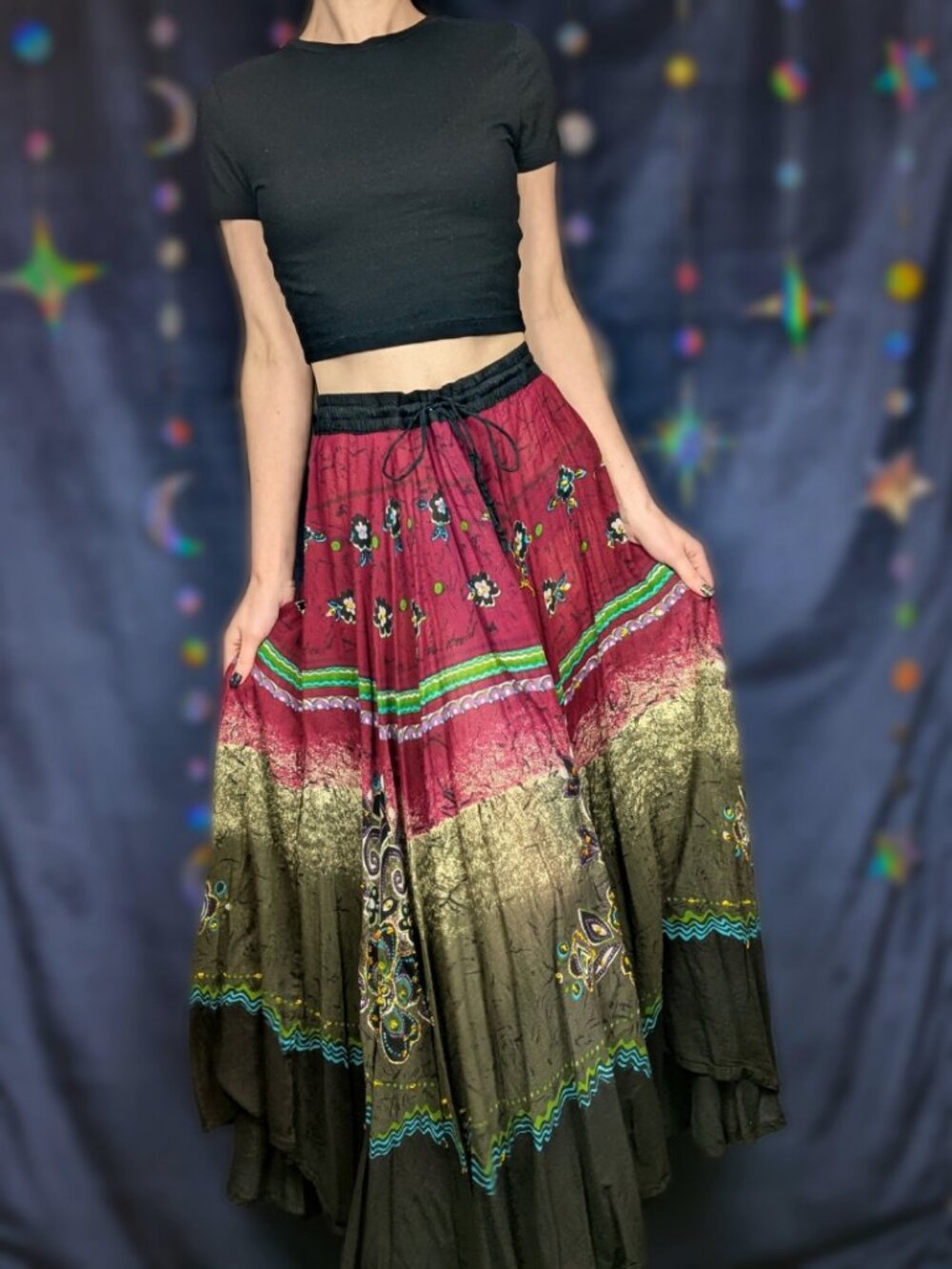 Colorful Boho Maxi Skirt with Gold Sequins (Free Size)